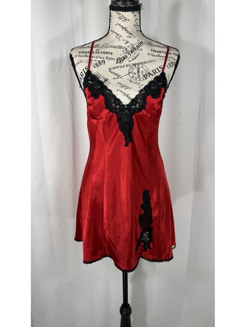 Fredericks of Hollywood Red Satin Black Lace Slip Dress Chemise Y2K Vintage S M